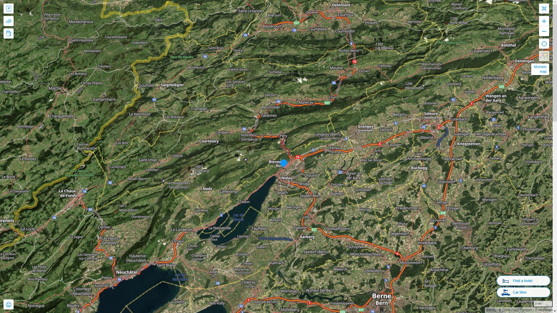 Biel Bienne Suisse Autoroute et carte routiere avec vue satellite